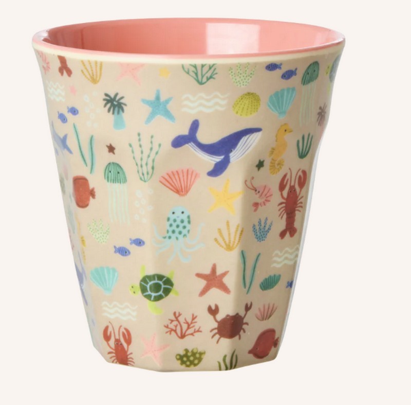 Bicchiere acqua in melamina decorato con animali marini con interno rosa
